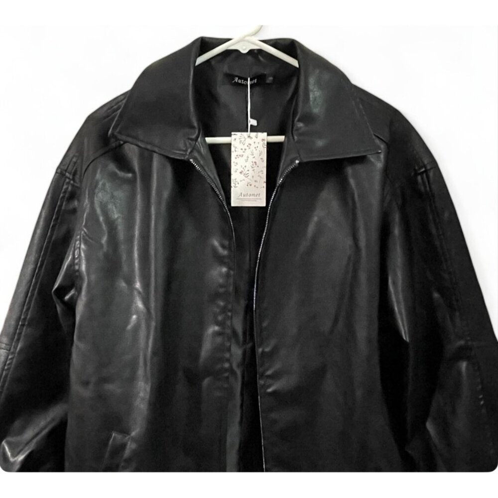 AUTOMET Womens Oversized Leather Jackets Faux Suede Motorcycle Coats, New - Picture 5 of 13